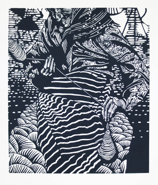 'Weft' Linocut print inspired by the East Coast Fishwives and made for the Saltire Women's Awards, 2019. 20x30cm