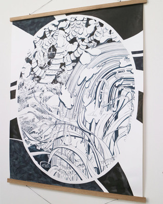 'Waterfalls' 2022, ink drawing, 100 x 80cm. A diptych developed as part of a project to visualise the ideas of school groups who worked with the writer Ryan Van Winkle to design and write about intricate, fantastical and uncanny worlds as part of Edinburgh International Book Festival. 
